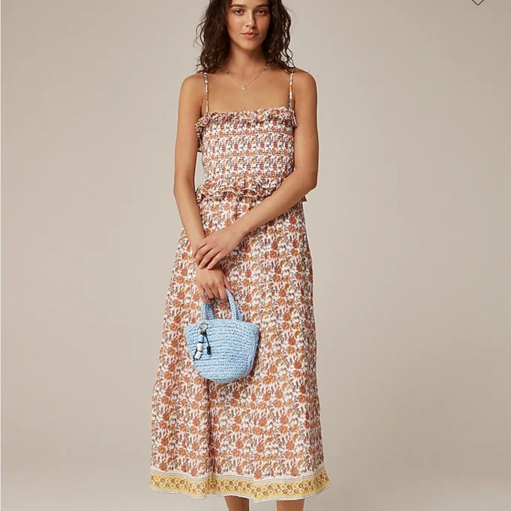 J. Crew Floral Smocked Midi Dress in Rust and Cream